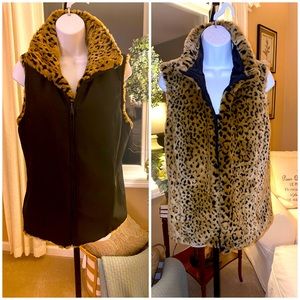 Reversible vest:  black reverses to leopard print faux fur. Size Small